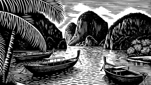 Tropical bay with long-tail boats and distant limestone cliffs, a black and white sketch vector hand drawn