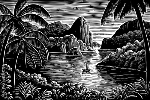 Tropical bay with long-tail boats and distant limestone cliffs, a black and white sketch vector hand drawn