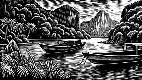 Tropical bay with long-tail boats and distant limestone cliffs, a black and white sketch vector hand drawn