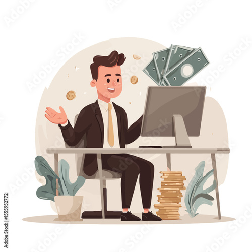 A businessman in a suit is sitting at a desk with a laptop, working in his office and surrounded by money