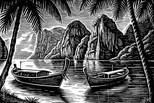 Tropical bay with long-tail boats and distant limestone cliffs, a black and white sketch vector hand drawn