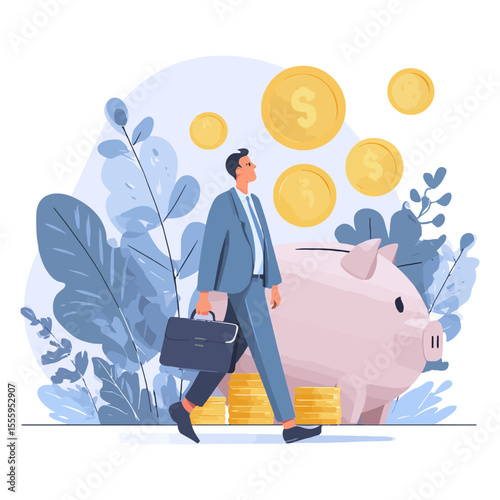 A businessman makes a smart investment, saving his money in a pink piggy bank to build his financial wealth