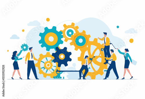 Team or organization, office role or job position or skills to drive company, teamwork or collaboration for success, team effort concept, business people working to rotate connected cogwheels gea