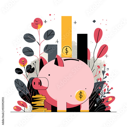 A cartoon pink piggy bank and coins are a cute vector illustration of money and savings