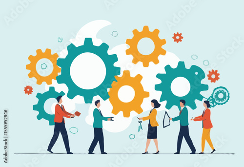Team or organization, office role or job position or skills to drive company, teamwork or collaboration for success, team effort concept, business people working to rotate connected cogwheels gea