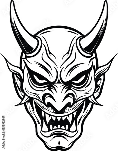 Fierce Japanese Oni Demon Mask Vector Art Illustration Design Concept