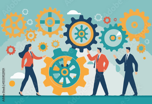 Team or organization, office role or job position or skills to drive company, teamwork or collaboration for success, team effort concept, business people working to rotate connected cogwheels gea