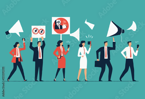 Attention message announcement, important communication or advertisement, beware warning, careful symbol or urgent notification concept, business people carrying attention sign with loud speaker