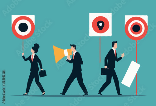 Attention message announcement, important communication or advertisement, beware warning, careful symbol or urgent notification concept, business people carrying attention sign with loud speaker