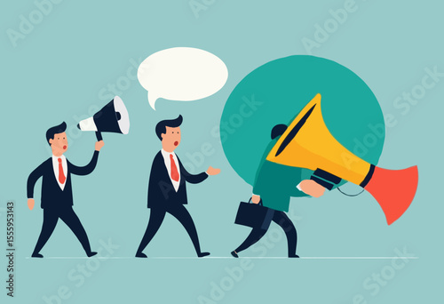 Attention message announcement, important communication or advertisement, beware warning, careful symbol or urgent notification concept, business people carrying attention sign with loud speaker