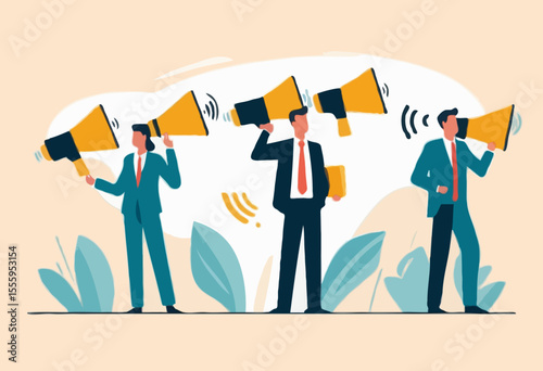 Attention message announcement, important communication or advertisement, beware warning, careful symbol or urgent notification concept, business people carrying attention sign with loud speaker