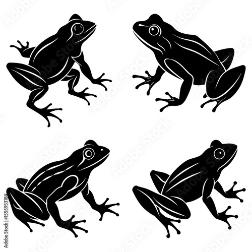 Four stylized black frog silhouettes arranged symmetrically on a white background artfully displayed