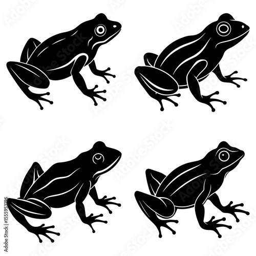 Four stylized black frogs in varying poses with detailed toes and smooth body shapes are shown