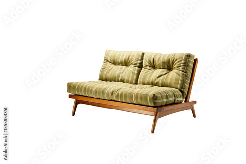 A mid-century modern loveseat with striped cushions and a wooden frame. background removed