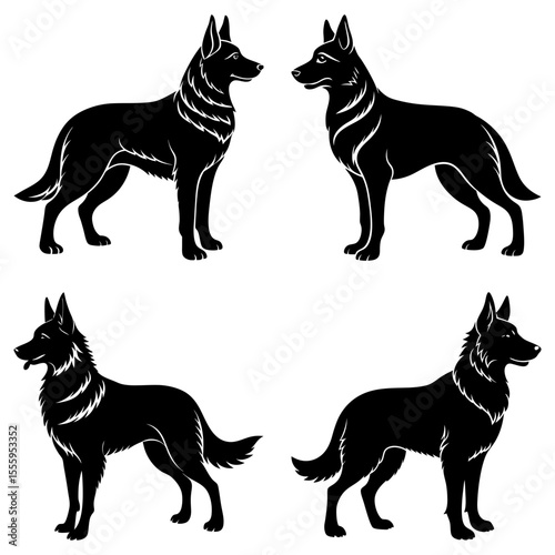 Four black silhouette images of german shepherd dogs in various standing poses on a white background design with vector art