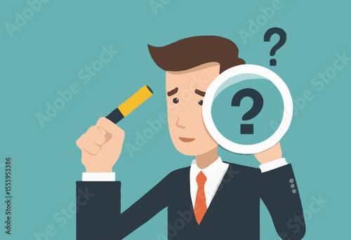 Problem analysis, analyze information to find solution or answer, solving problem or trouble, challenge to think overcome difficulty concept, businessman analyze question mark with magnifying glas