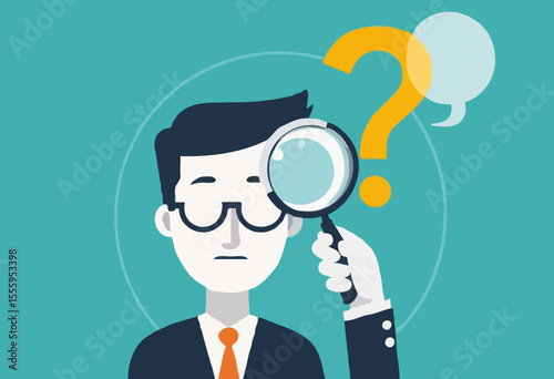Problem analysis, analyze information to find solution or answer, solving problem or trouble, challenge to think overcome difficulty concept, businessman analyze question mark with magnifying glas