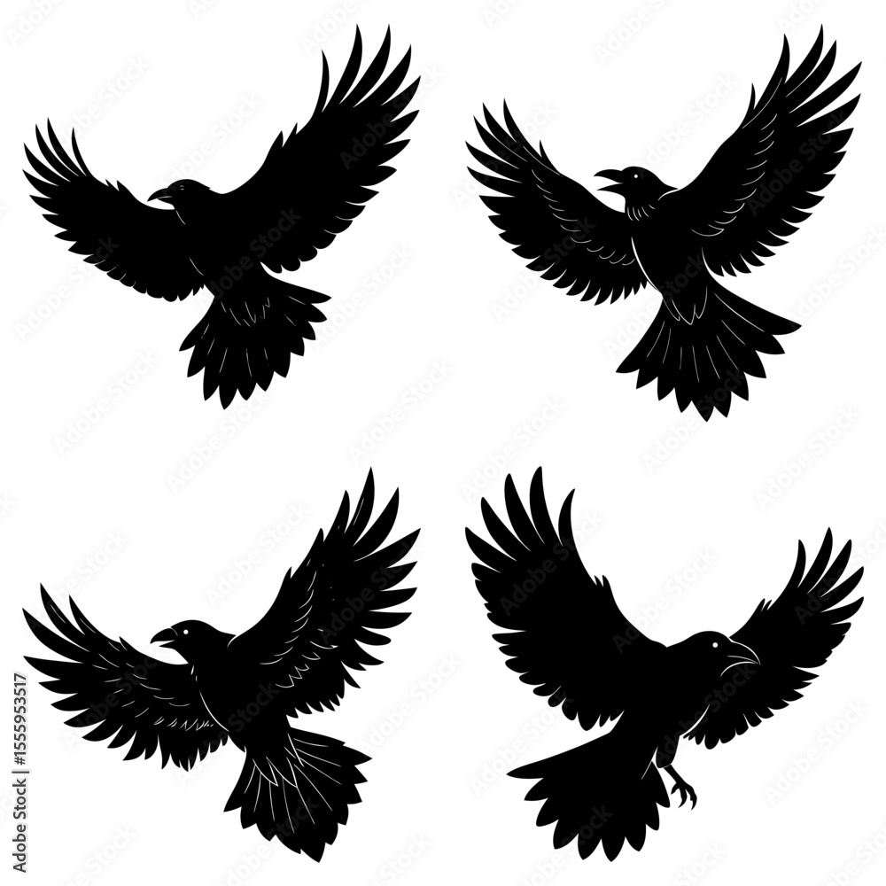 Obraz premium Four black ravens in flight with their wings spread wide creating a dynamic and powerful silhouette effect
