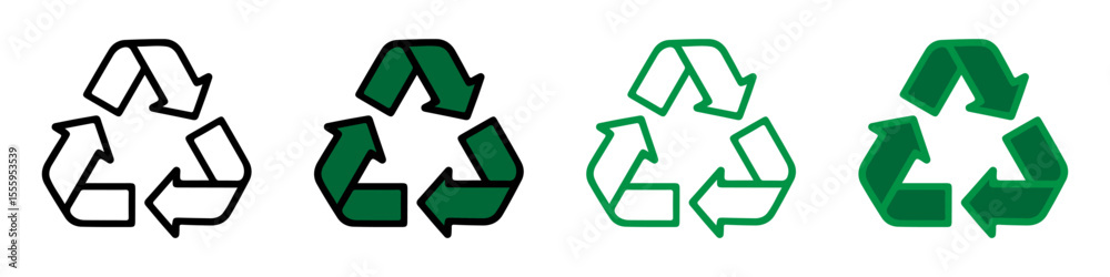 Set of four recycling symbols in different styles and green shades. Outline and filled vector icons with arrows. Environmental protection and sustainability concept. Design for sticker, print, card Set of four recycling symbols in different styles and green shades. Outline and filled vector icons with arrows. Environmental protection and sustainability concept. Design for sticker, print, card