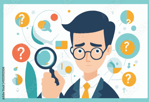 Problem analysis, analyze information to find solution or answer, solving problem or trouble, challenge to think overcome difficulty concept, businessman analyze question mark with magnifying glas