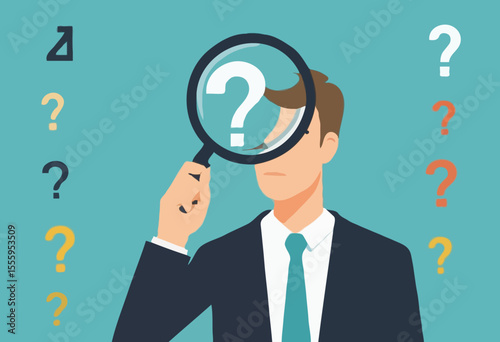 Problem analysis, analyze information to find solution or answer, solving problem or trouble, challenge to think overcome difficulty concept, businessman analyze question mark with magnifying glas