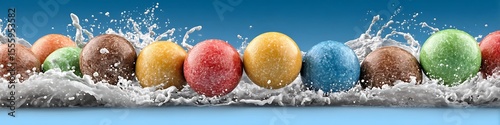 Colorful Cereal Balls Splashing in Milk on a Blue Background