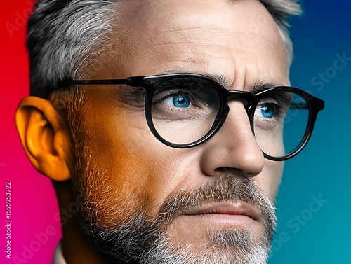 Mature man with glasses and a beard looks intensely into the distance against a vibrant gradient background