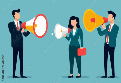 Communication message, announcement or conversation to communicate idea, information or discussion speech, advertising strategy, speaking or talk concept, business people talk on megaphone with ide