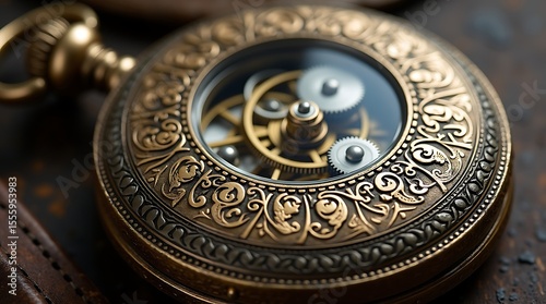 A close-up photograph of a vintage pocket watch with intricate engravings, showing the gears inside