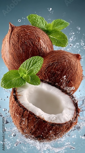 Fresh Coconut Water Splash With Mint Leaves And Water Droplets