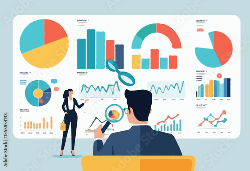 Market research, marketing or advertising survey to launch product, competitors research or social media report marketing report concept, business people look at magnify market data chart and graph