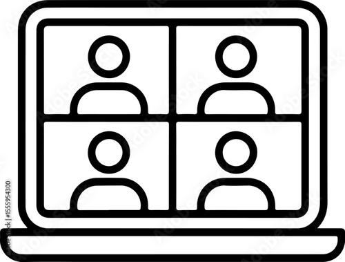 Laptop screen displays four participants in a video conference call grid