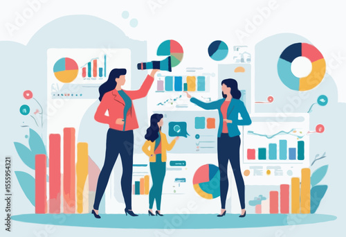 Market research, marketing or advertising survey to launch product, competitors research or social media report marketing report concept, business people look at magnify market data chart and graph