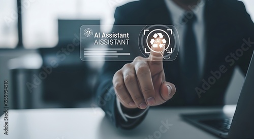 Businessman activates a virtual AI assistant on screen with a touch of his finger using modern technology