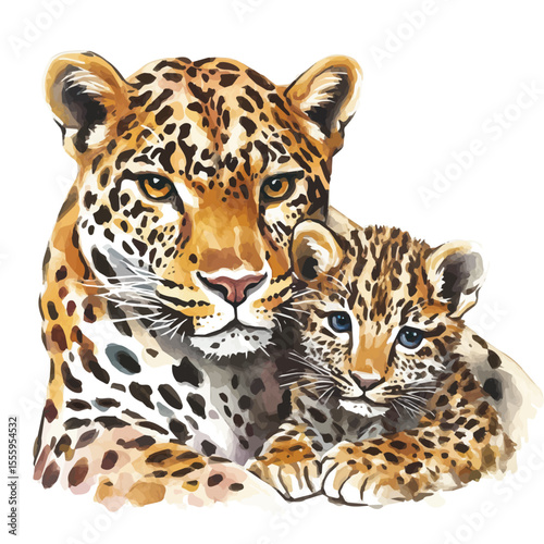 A Mother Leopard With Her Kid, watercolor painting vector, isolated on a white background.