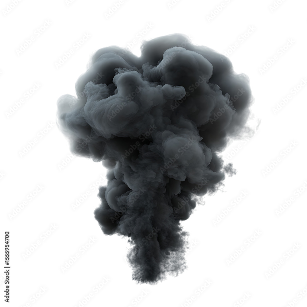 Realistic dark gray smoke plume rising and swirling with turbulent motion isolated on transparent background Realistic dark gray smoke plume rising and swirling with turbulent motion isolated on transparent background