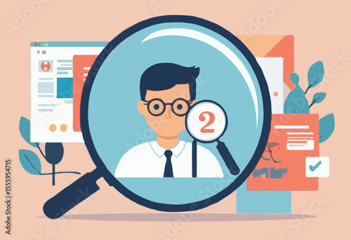 Fake news, false information sharing on social media, hoax or lies censorship, fake website cheating, scam or dishonesty report concept, man magnifying glass on social media as fake news attention