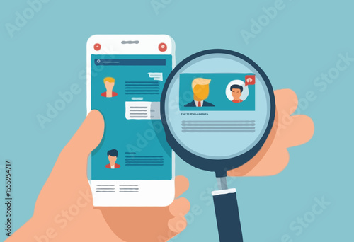 Fake news, false information sharing on social media, hoax or lies censorship, fake website cheating, scam or dishonesty report concept, man magnifying glass on social media as fake news attention