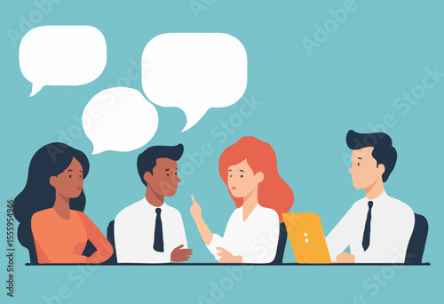 Discussion, conversation or brainstorming for idea, meeting, debate or team communication, colleague chatting, opinion concept, business team coworker discussing work in meeting with speech bubble