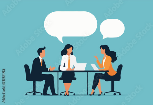 Discussion, conversation or brainstorming for idea, meeting, debate or team communication, colleague chatting, opinion concept, business team coworker discussing work in meeting with speech bubble
