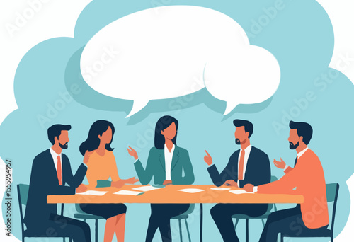 Discussion, conversation or brainstorming for idea, meeting, debate or team communication, colleague chatting, opinion concept, business team coworker discussing work in meeting with speech bubble