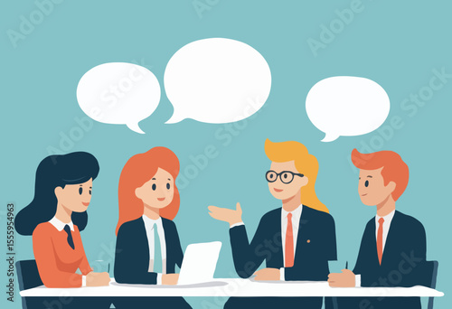 Discussion, conversation or brainstorming for idea, meeting, debate or team communication, colleague chatting, opinion concept, business team coworker discussing work in meeting with speech bubble