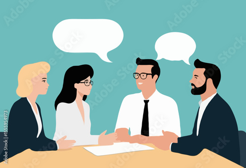 Discussion, conversation or brainstorming for idea, meeting, debate or team communication, colleague chatting, opinion concept, business team coworker discussing work in meeting with speech bubble