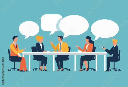 Discussion, conversation or brainstorming for idea, meeting, debate or team communication, colleague chatting, opinion concept, business team coworker discussing work in meeting with speech bubble