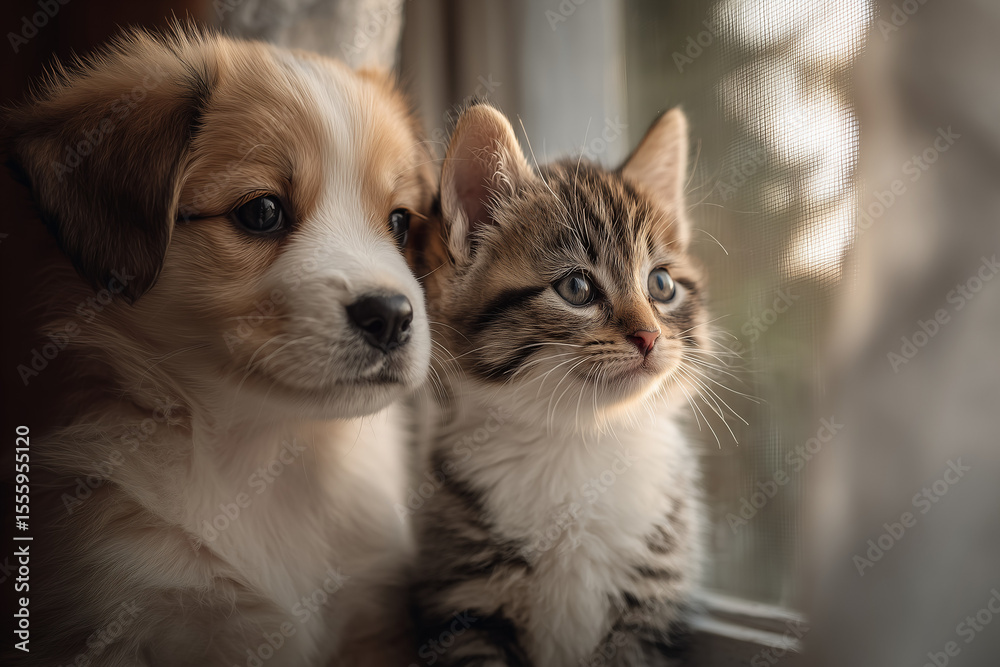 Cute kitten and puppy looking out a window together, indoor soft lighting and wide blank space for inspirational pet quote. Cute kitten and puppy looking out a window together, indoor soft lighting and wide blank space for inspirational pet quote.