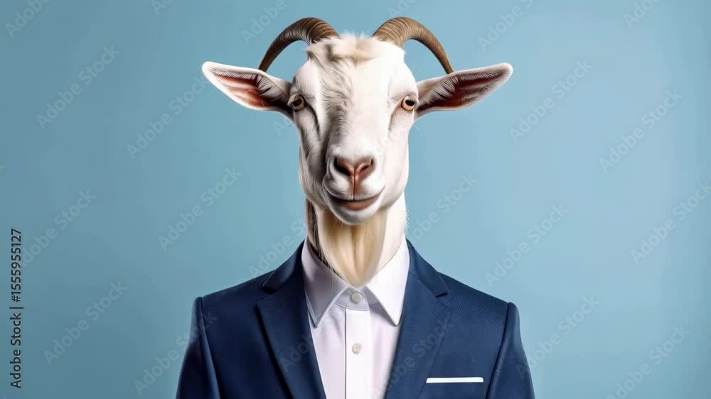 A conceptual image showing a goat wearing a business suit and collared shirt in a portrait against a solid blue background.