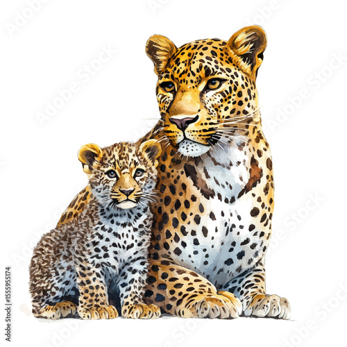 watercolor of A Mother Leopard With Her Kid, vector, isolated on a white background.