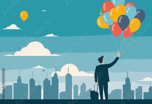 Year 2025 vision, achievement or plan for success, career target or economic forecast, aspiration to work success, new year resolution concept, businessman flying with 2025 balloons with telescop