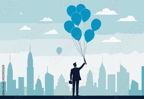 Year 2025 vision, achievement or plan for success, career target or economic forecast, aspiration to work success, new year resolution concept, businessman flying with 2025 balloons with telescop