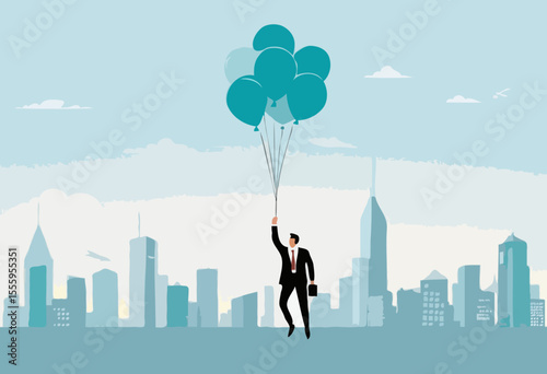 Year 2025 vision, achievement or plan for success, career target or economic forecast, aspiration to work success, new year resolution concept, businessman flying with 2025 balloons with telescop